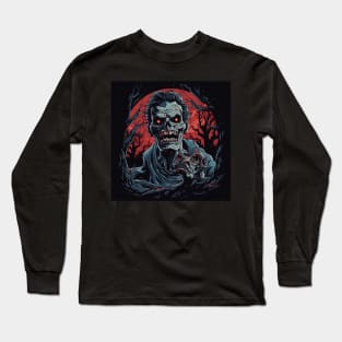 scary zombie with red eyes and red moon in background,halloween design Long Sleeve T-Shirt